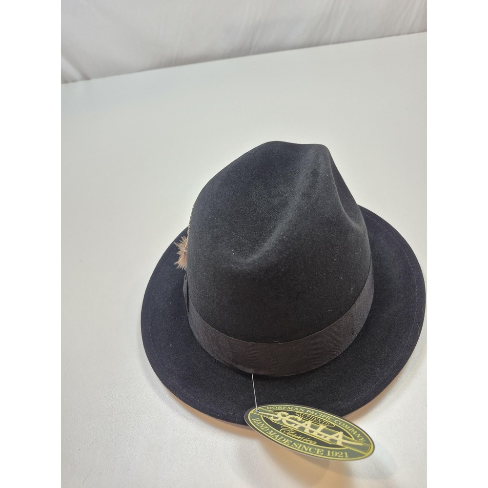 Scala Hat Fedora Mens One Size Black Wool Felt Handmade Classic Trim Feather Pin - Picture 4 of 12